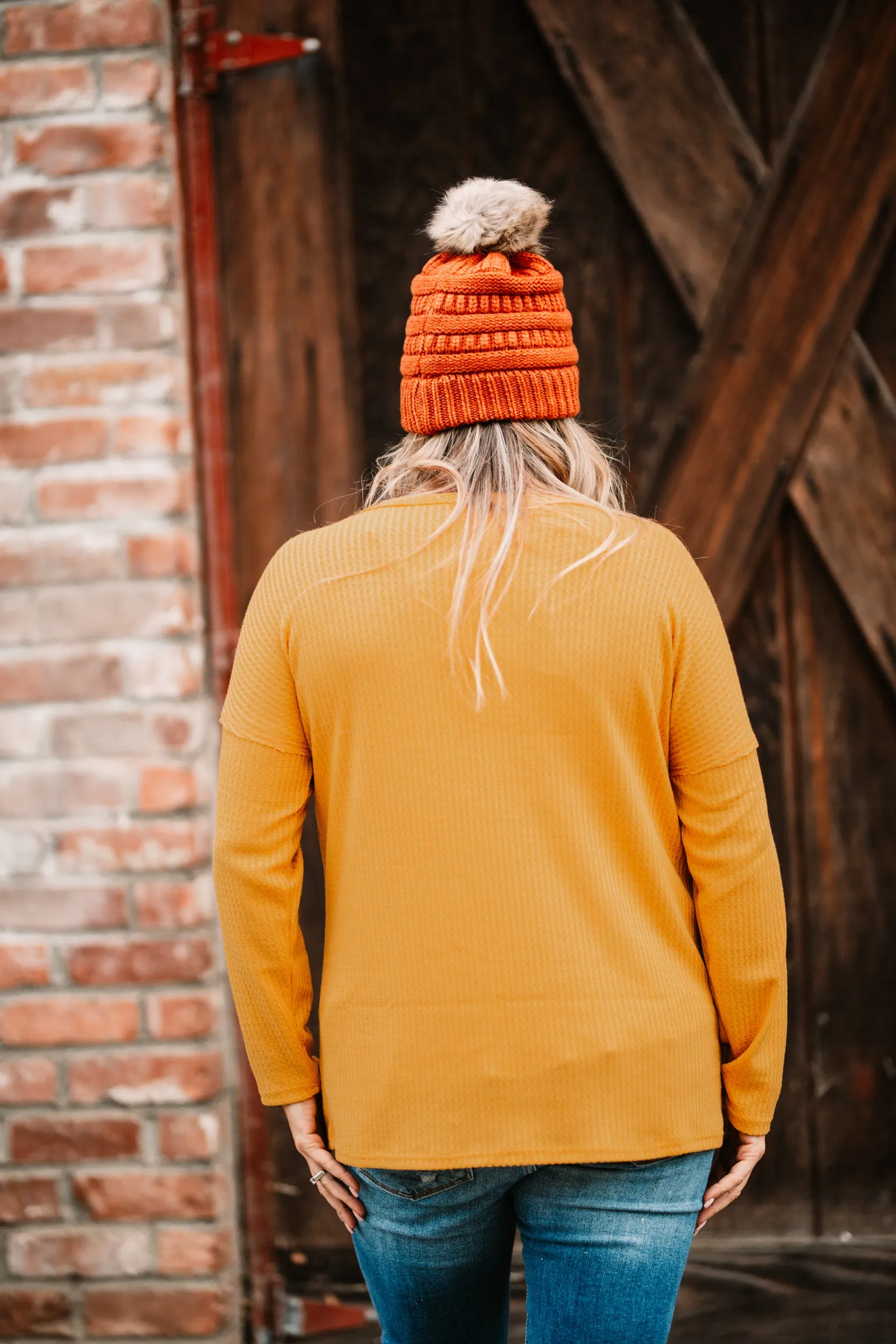 Back To Basic Thermal Waffle Knit Long Sleeve In Mustard
