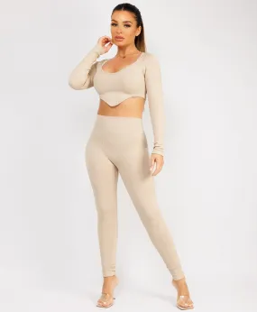 Beige Ribbed Asymmetric Hem Loungewear Set