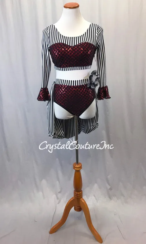Black, White and Red Piece Crop Top and Briefs w/Back Skirt