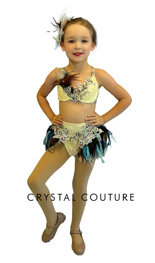 Custom Ivory, Blue & Brown Feathered Bra-Top & Briefs - Swarovski Rhinestones