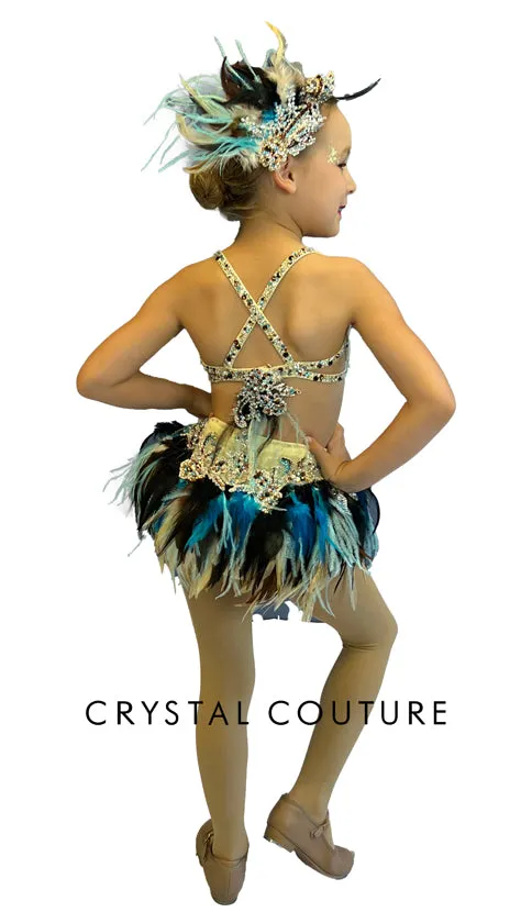 Custom Ivory, Blue & Brown Feathered Bra-Top & Briefs - Swarovski Rhinestones