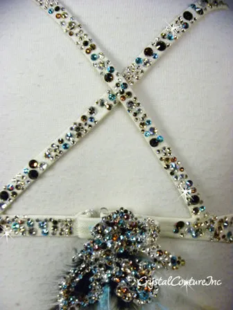 Custom Ivory, Blue & Brown Feathered Bra-Top & Briefs - Swarovski Rhinestones