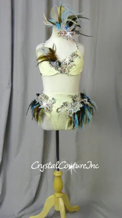 Custom Ivory, Blue & Brown Feathered Bra-Top & Briefs - Swarovski Rhinestones