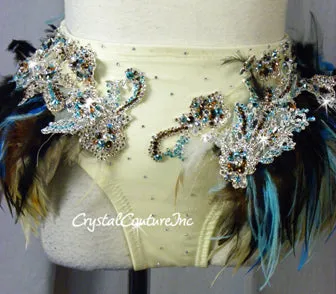 Custom Ivory, Blue & Brown Feathered Bra-Top & Briefs - Swarovski Rhinestones