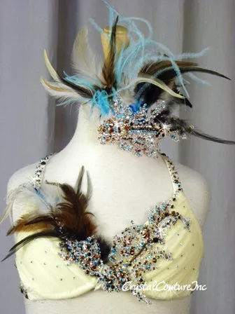 Custom Ivory, Blue & Brown Feathered Bra-Top & Briefs - Swarovski Rhinestones