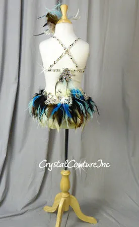 Custom Ivory, Blue & Brown Feathered Bra-Top & Briefs - Swarovski Rhinestones
