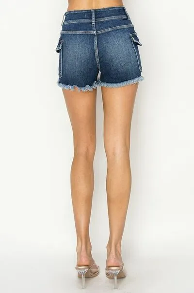 High-Waisted Raw Hem Cargo Denim Shorts