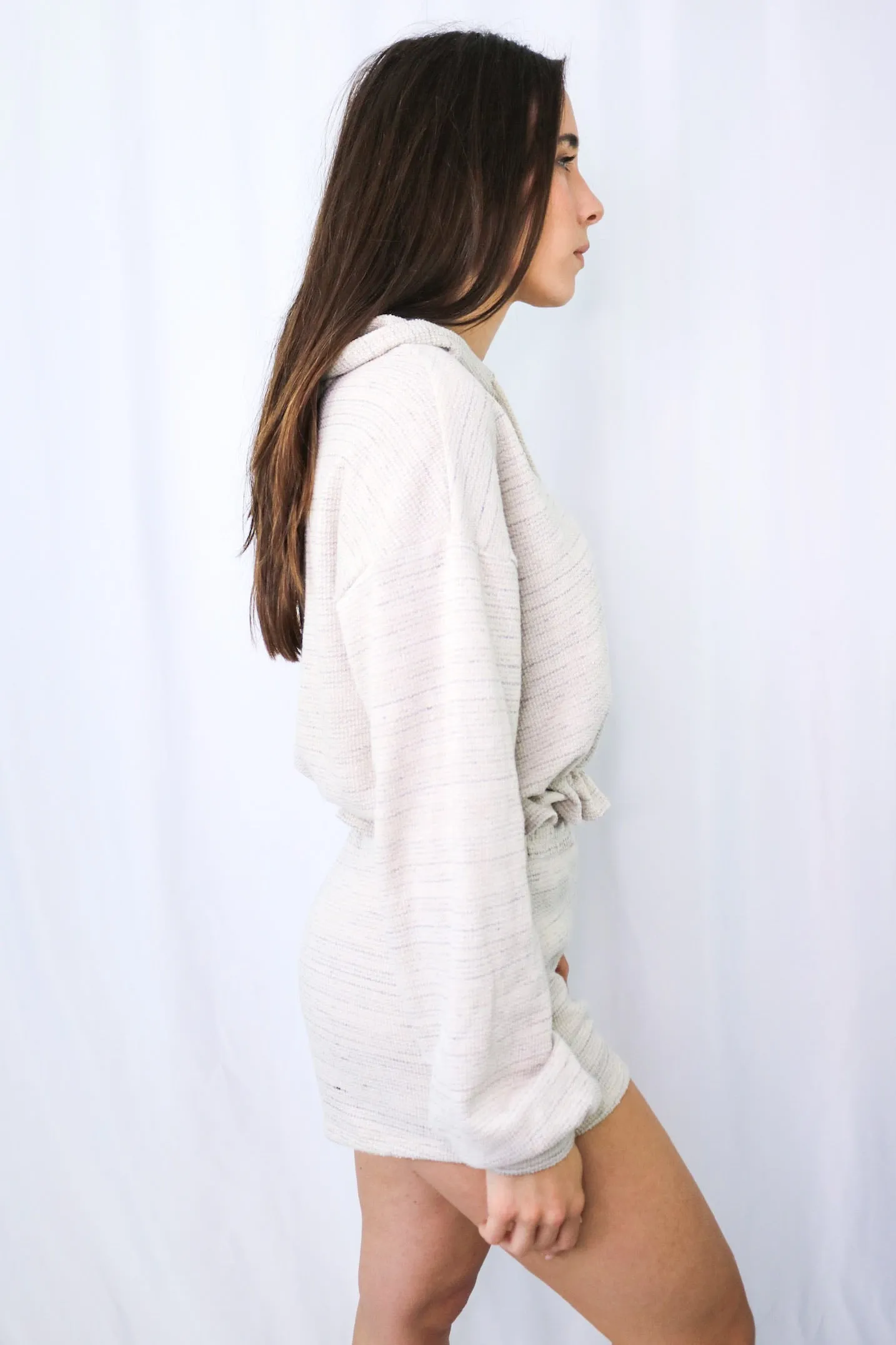 'No Place Like Home' Hooded Loungewear Short Set in Natural