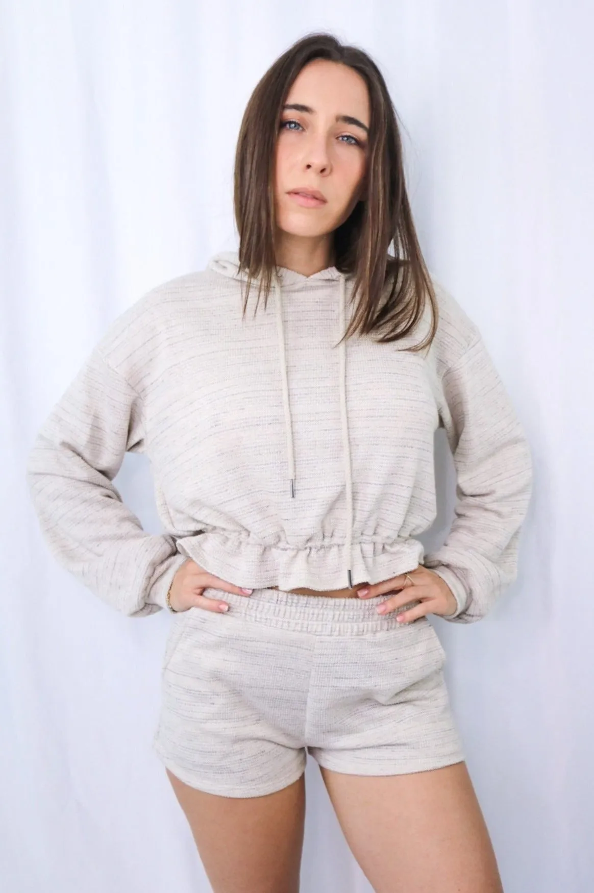 'No Place Like Home' Hooded Loungewear Short Set in Natural