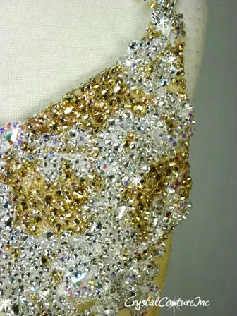 Nude & White Sheer Mesh Dress with Appliques - Swarovski Rhinestones