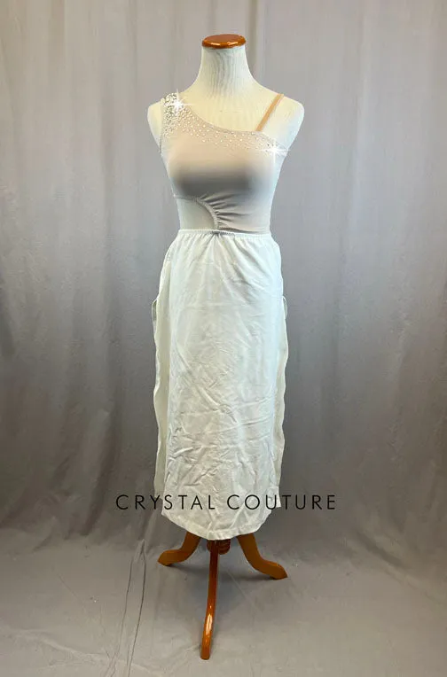 Nude Lined White Mesh Cutout Dress with White Skirt.