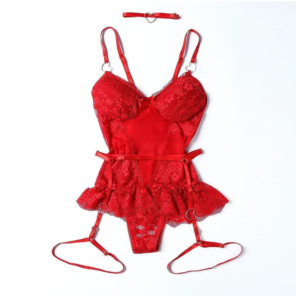 Sexy Lace Bustier Lingerie One Piece Lace Up Teddy Molded Cup Bodysuit with Garter Belt