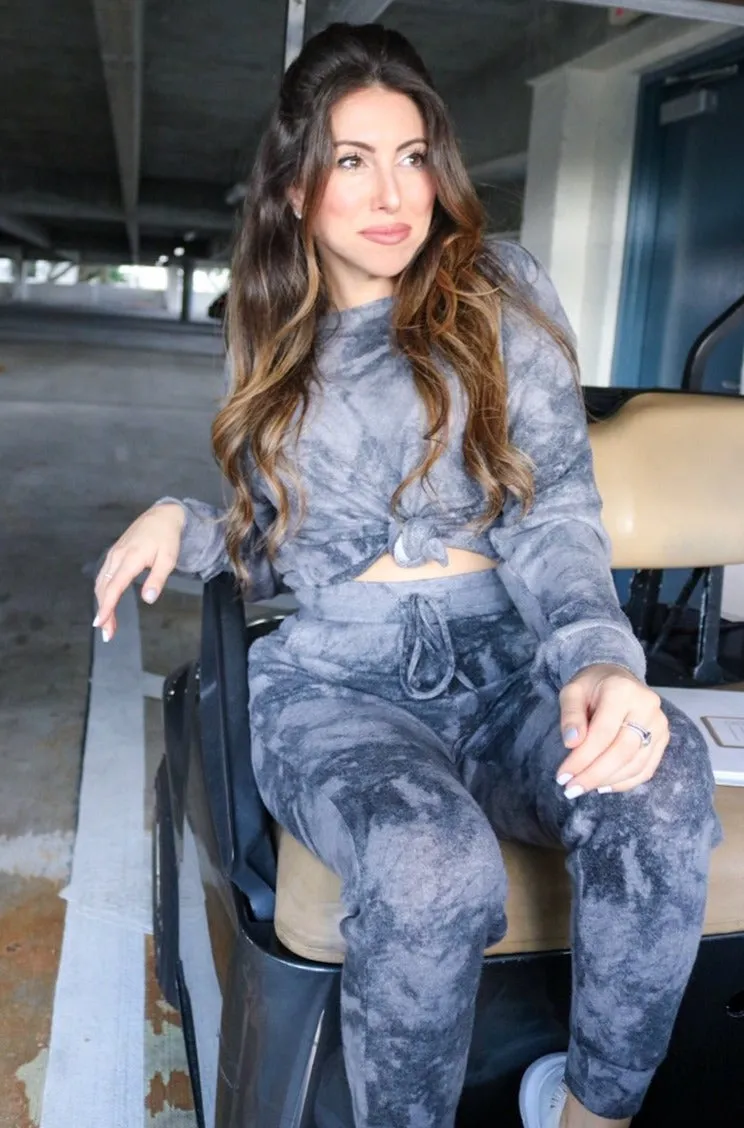 'Text You Later' Tie Dye Lounge Set in Washed Charcoal