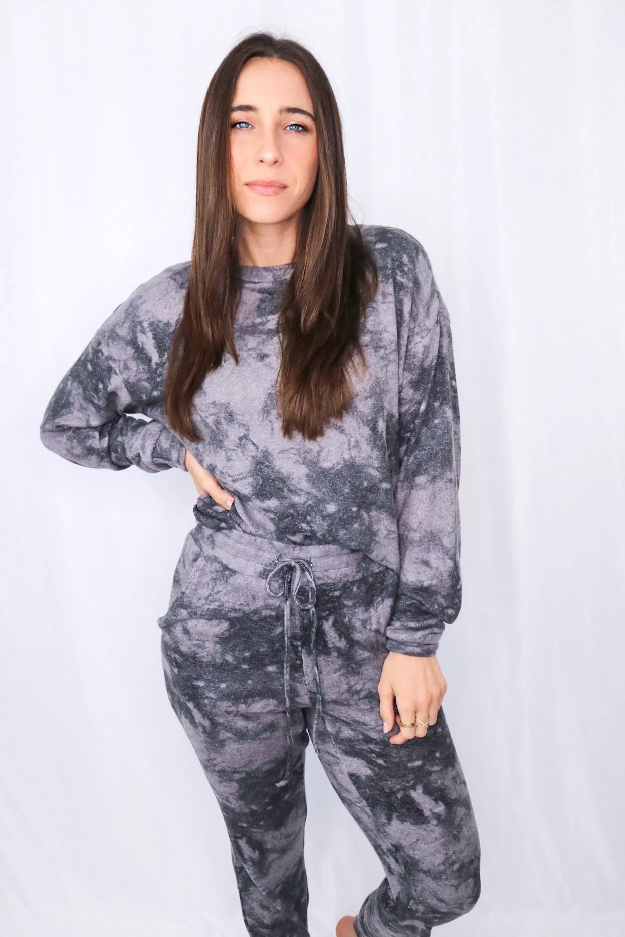 'Text You Later' Tie Dye Lounge Set in Washed Charcoal