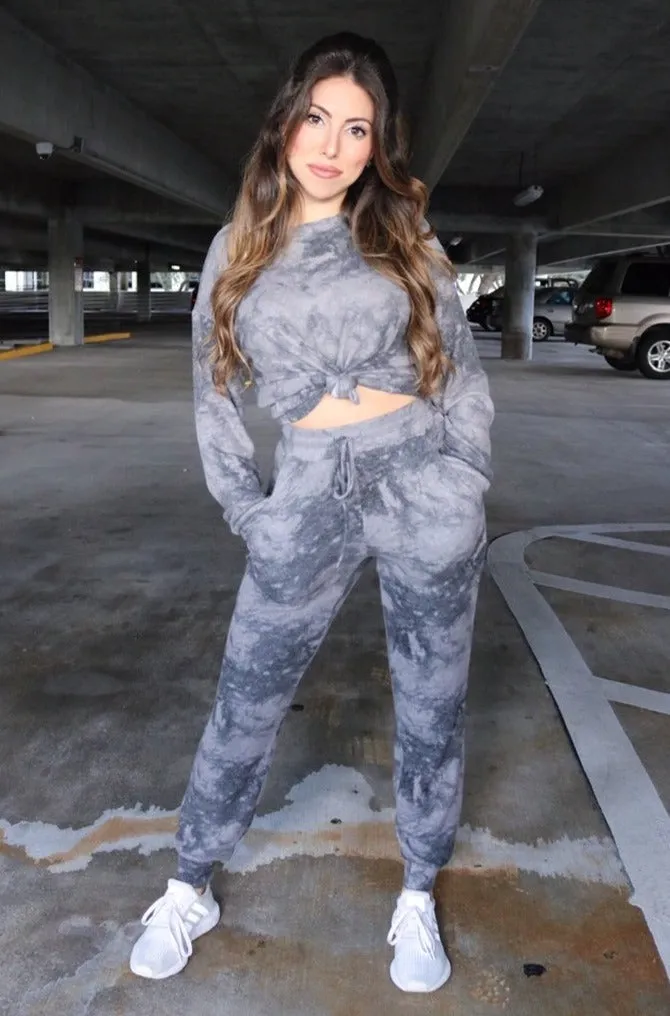 'Text You Later' Tie Dye Lounge Set in Washed Charcoal